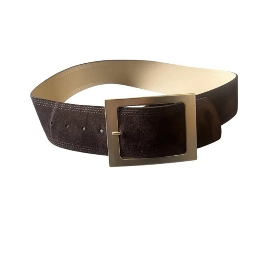 Genuine Leather Wide Suede Brown Belt with Gold Buckle Size S